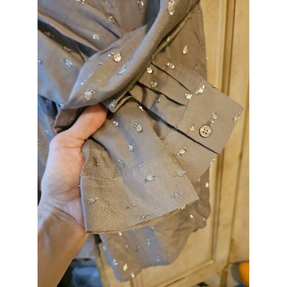 Ann Taylor Grey Henley Blouse With Silver Metallic Raised Polka Dots Sz XS - Picture 5 of 7